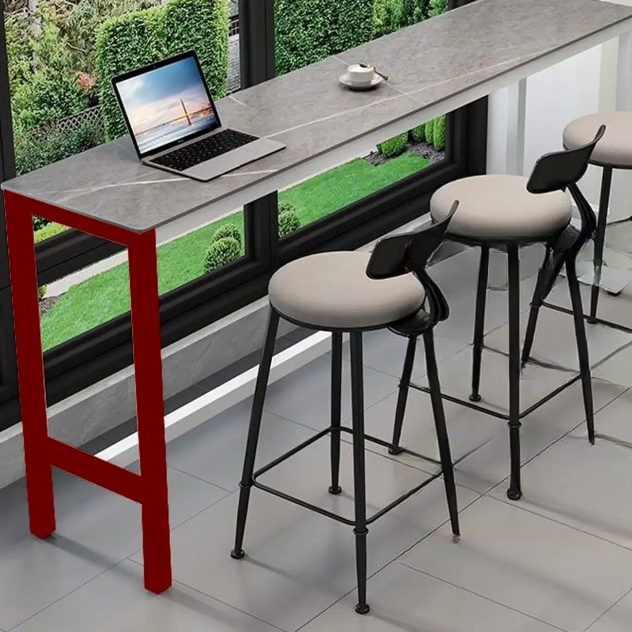 Modern Grey Stone Top Bar Height Table with Trestle Base