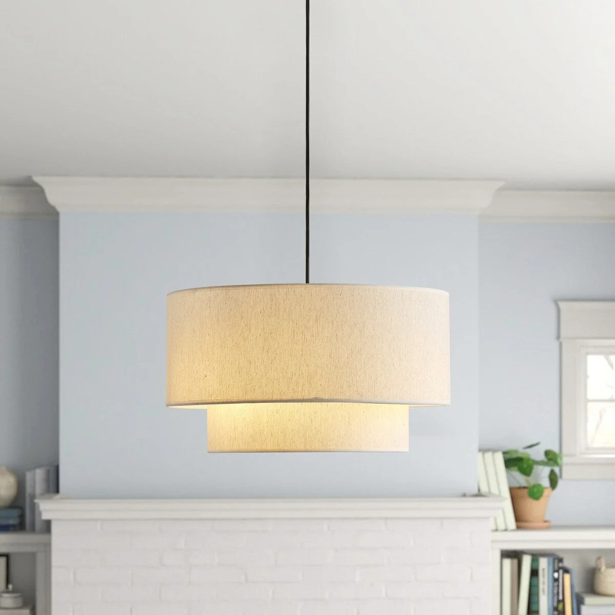 Modern Off-White Drum Pendant Light with 2-Tier Linen Fabrics Lampshade