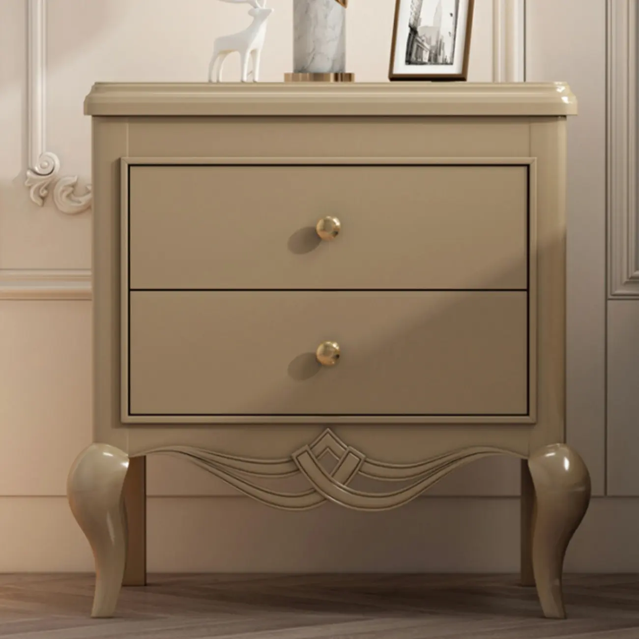 Glam Rubberwood White 2-Drawer Nightstand with Legs