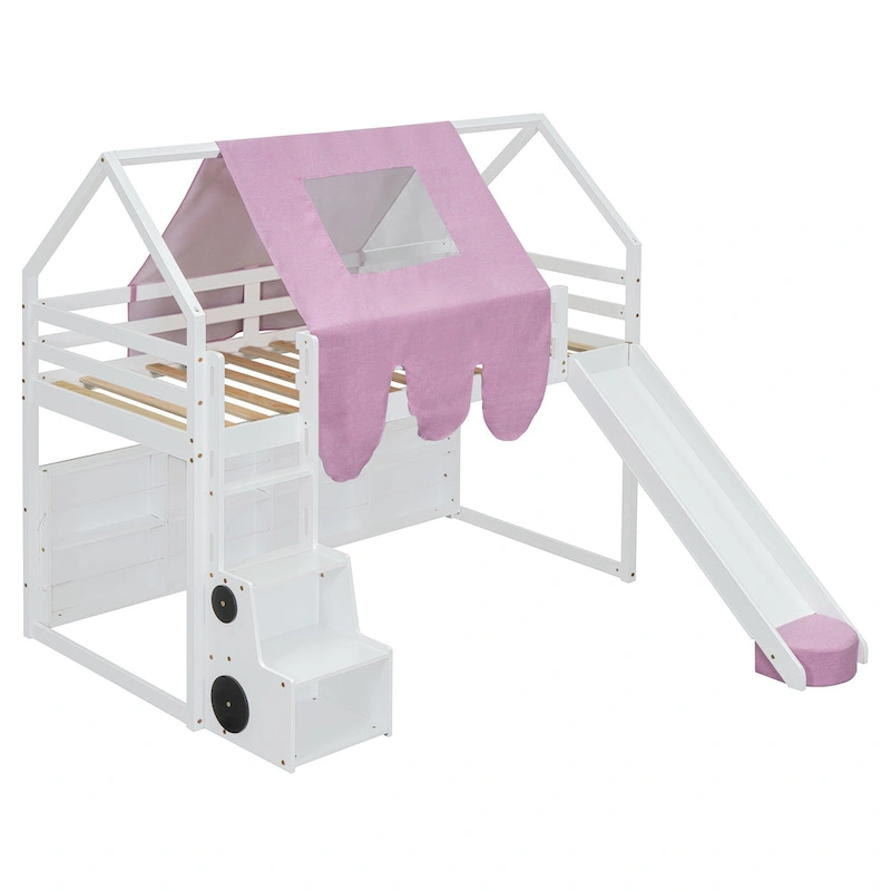 Twin Loft Bed with Play Tent and House Design, 250lb Capacity, Slide & Ladder