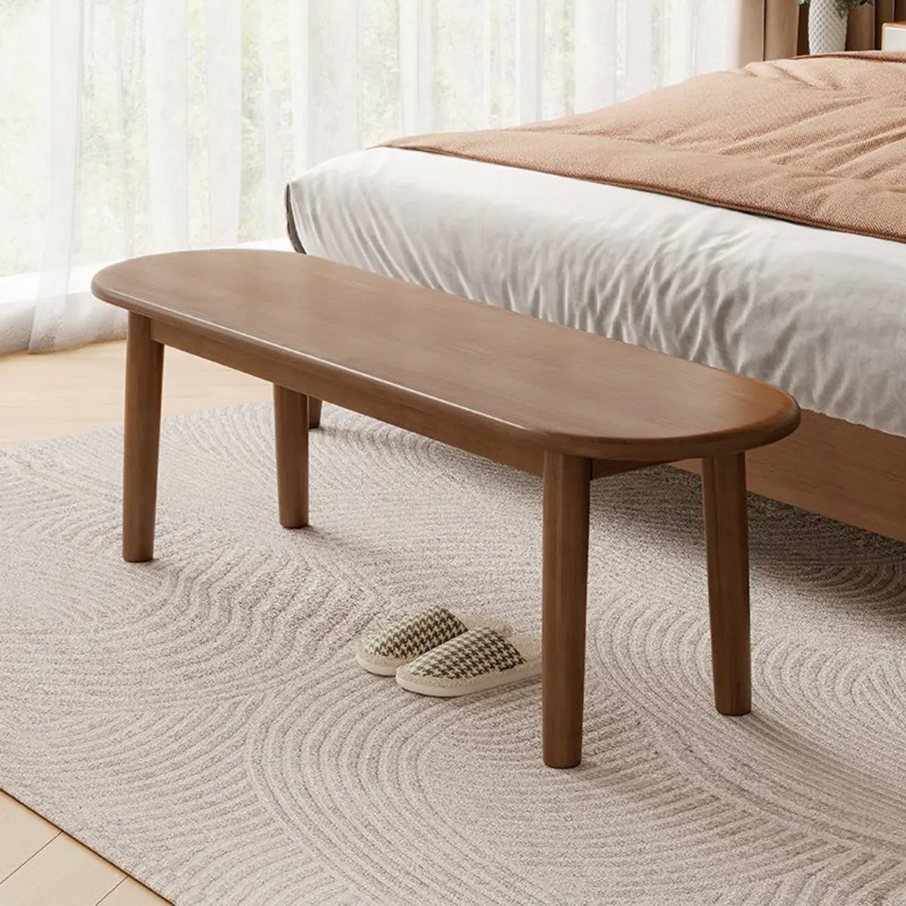 Art Deco Natural Wood Solid Color Bench with Straight Legs