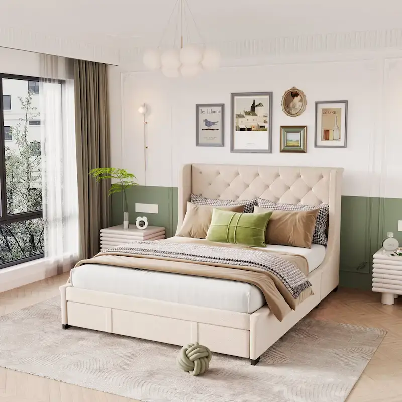 Queen Size Upholstered Platform Bed with Wingback Headboard and a Big Drawer