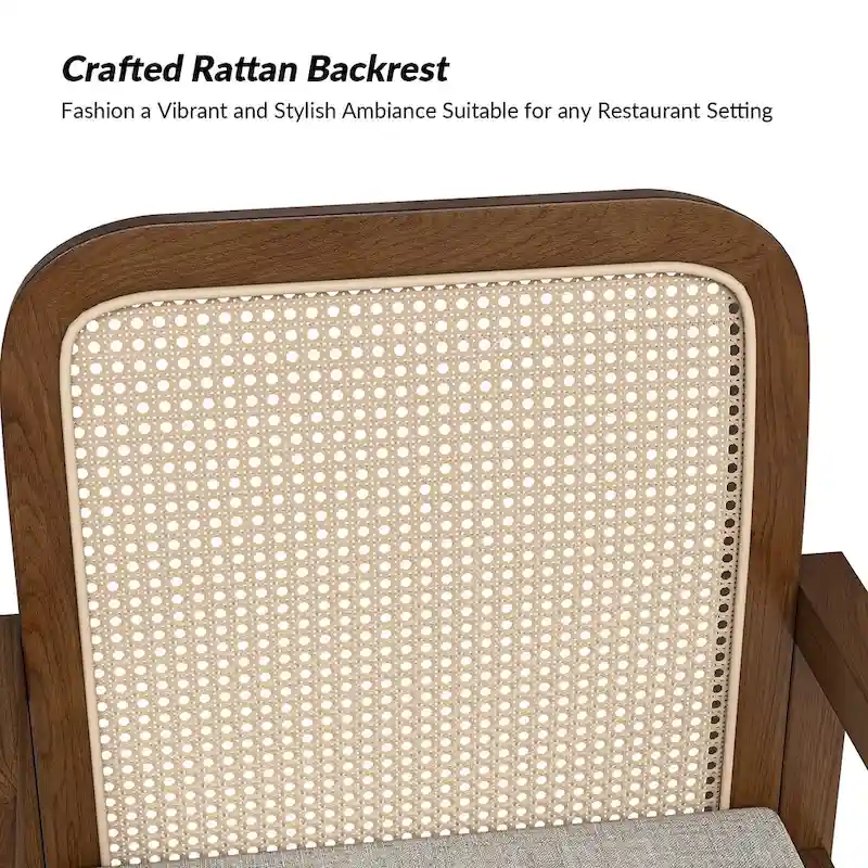 Modern Rattan Back Dining Chair with Removable Cushion - Rubber Wood Frame, Linen Upholstery