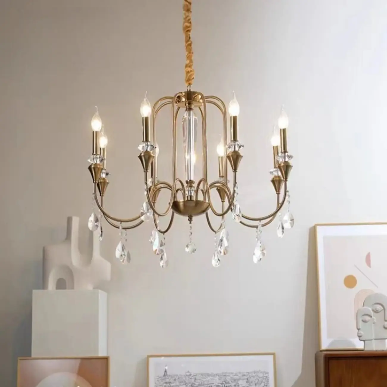 Metallic Alloy Hanging Gold Adjustable Crystal Chandelier