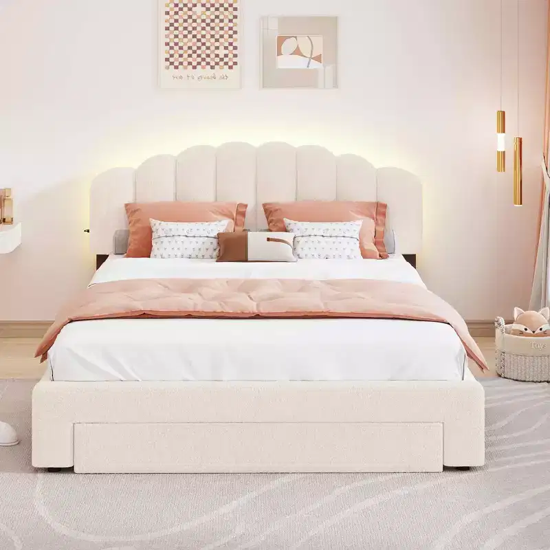 MAYEERTY Queen Size Teddy Fleece Upholstered Platform Bed, Drawer, Bedroom, Beige