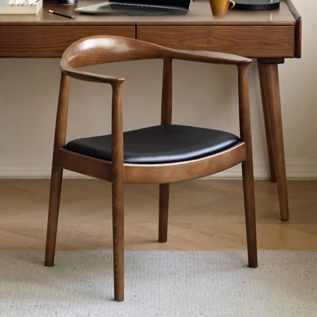 Scandinavian Curved Wood Woven Seat Armrest Dining Chair