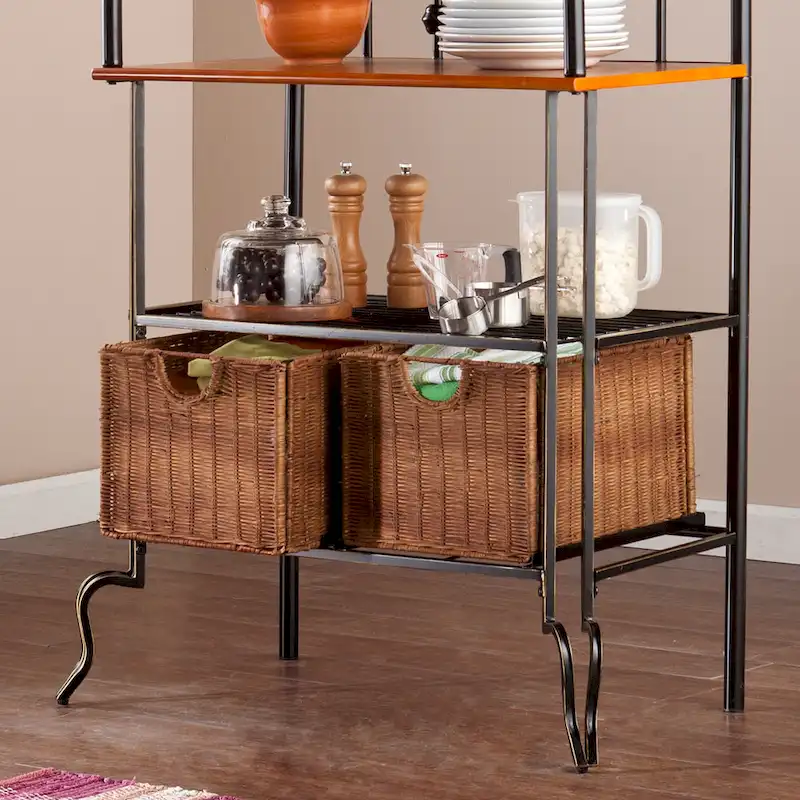 Black Baker's Rack with 2 Rattan Baskets, Wire Shelf and Oak Finish Shelves – Single Unit