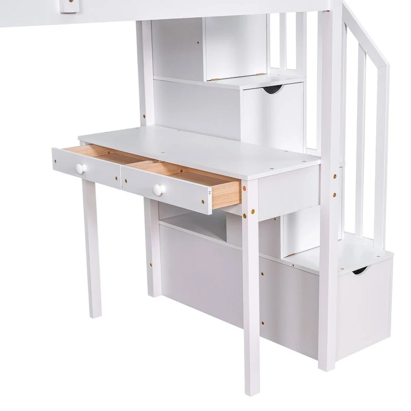 Loft Bed Twin with Desk and Storage Stairs, Space-Saving Wood Bed Frame with Drawers and Shelves, for Teens Adults
