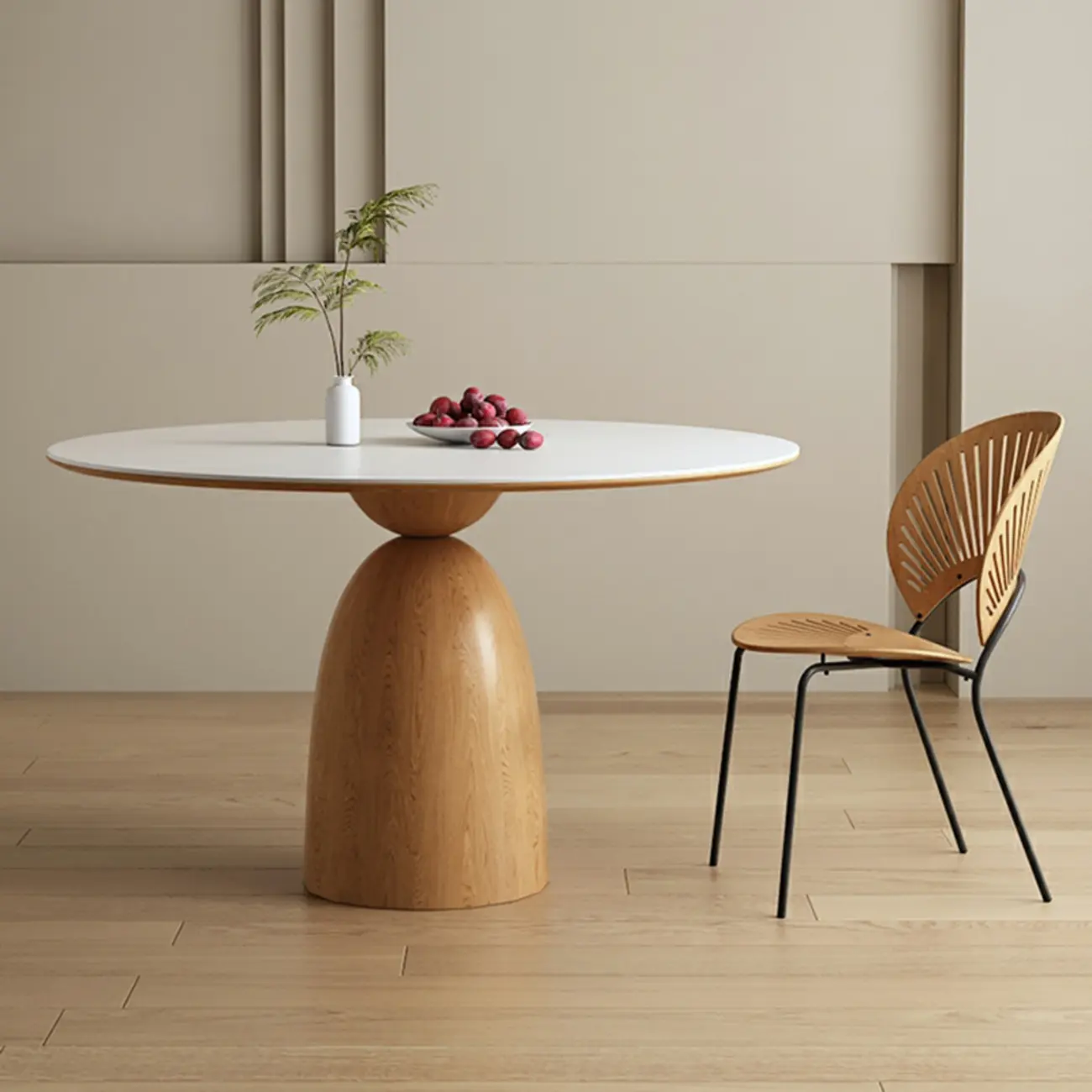 Modern White Stone Natural Wood Round Dining Table