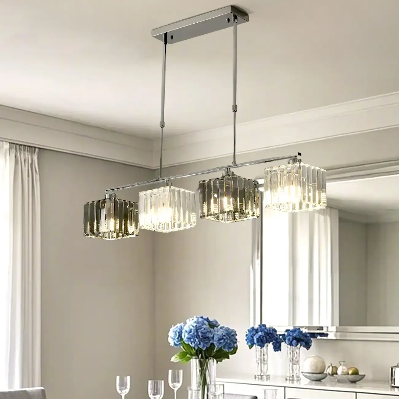 Modern Glass Island Pendant Light with Metal Frame for Kitchen