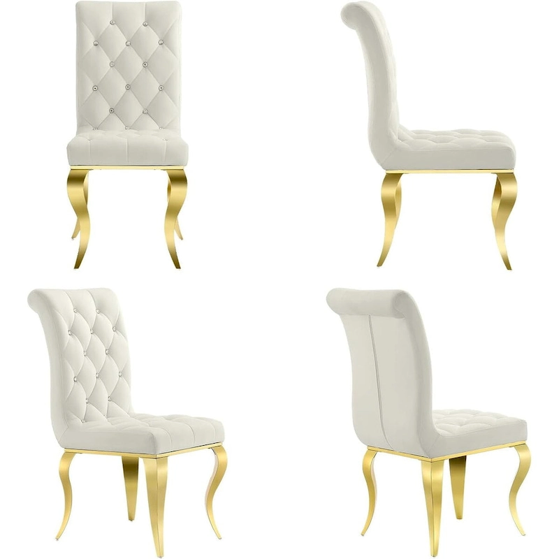 Luxury White Velvet Dining Chairs with Crystal Decor Button Tufted Back and Gold Metal Legs