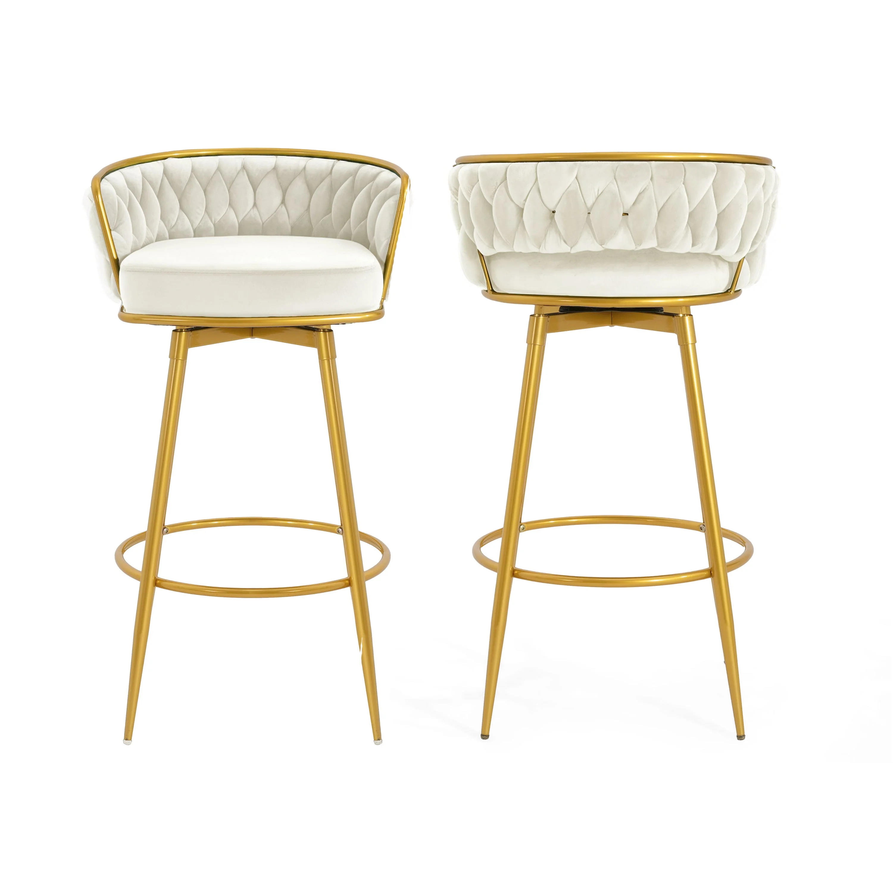 Set of 2 Velvet Swivel Bar Stools 180¡ã Gold Frame w/ Woven Back & Footrest