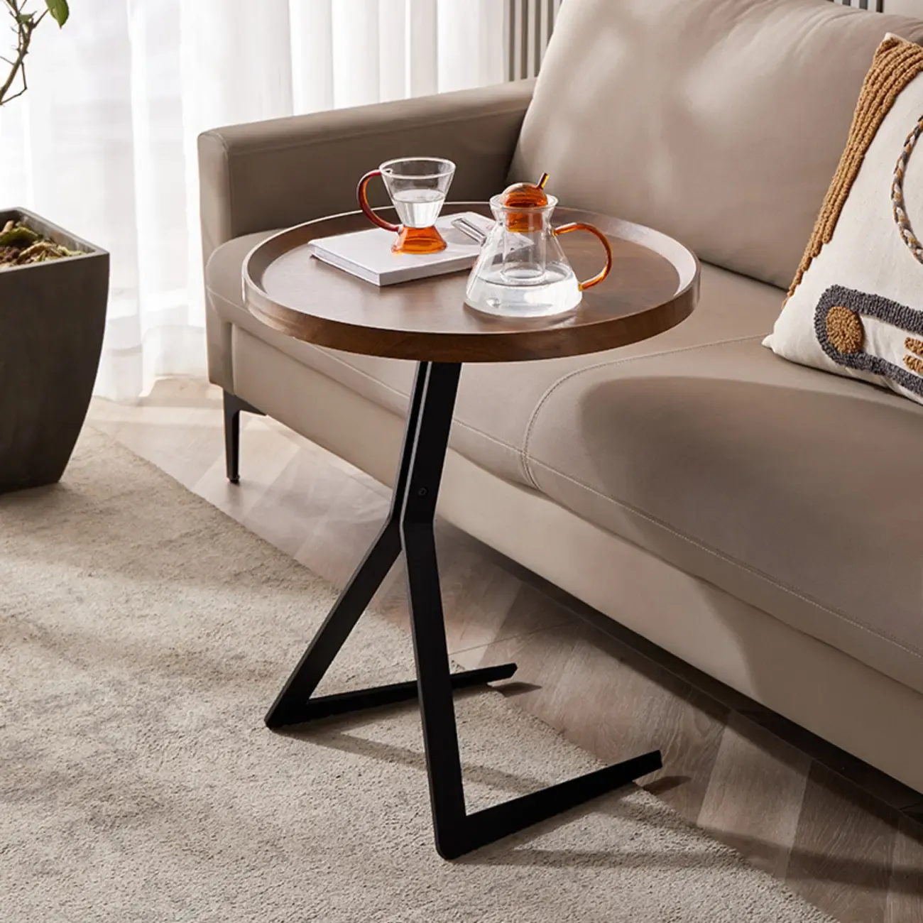 C-Shpaed Brown Wood Round Side Table with Metal Legs