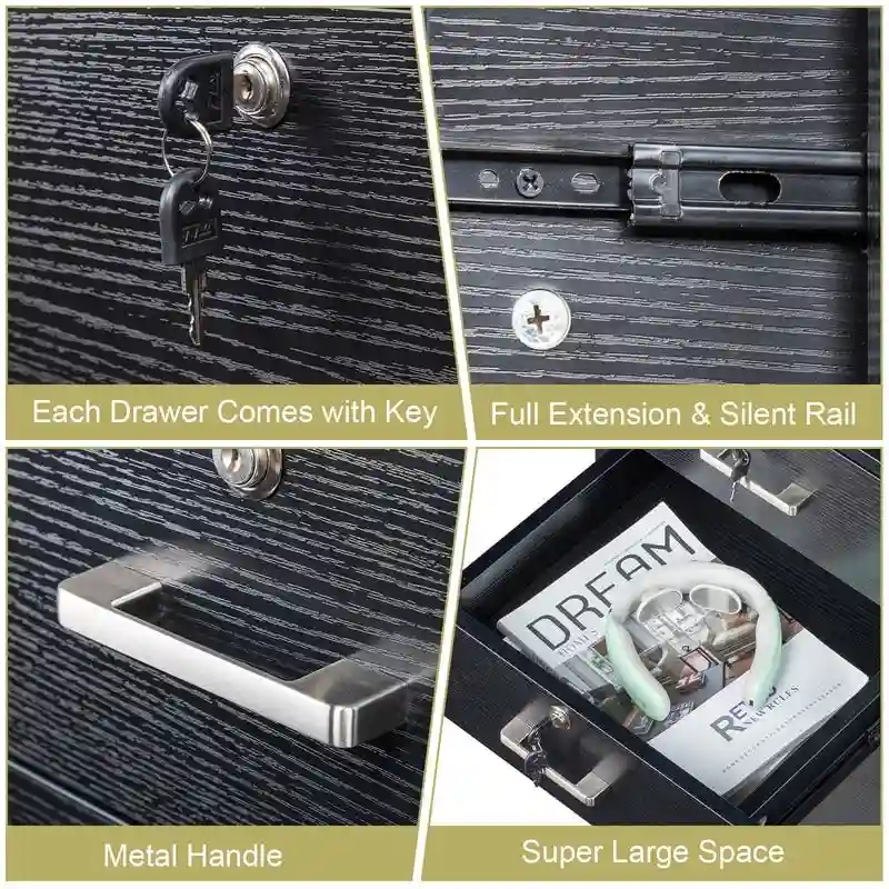 3-Drawer Rolling Wood File Cabinet with Lock