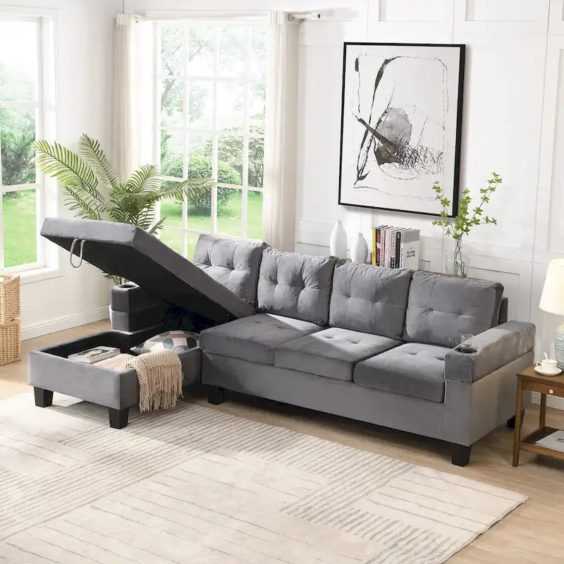 Grey 97.8 Modern 4-Seat Sofa Set with Storage Chaise