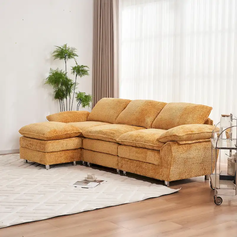 Yellow 101.6 Chenille L-Shaped Sectional Sofa with Ottoman