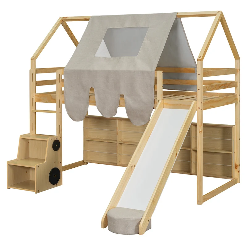Twin Loft Bed with Play Tent and House Design, 250lb Capacity, Slide & Ladder