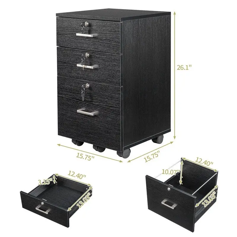 3-Drawer Rolling Wood File Cabinet with Lock