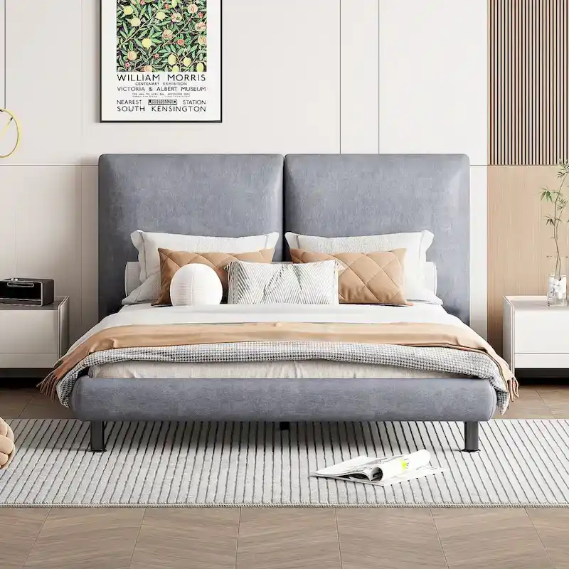 Queen Size Platform Bed with Two Large Headrests