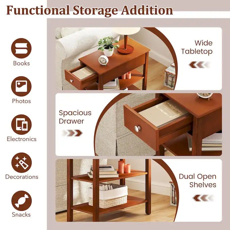 Gymax 2 PCS Narrow End Tables w/Drawer Shelves & Rubber Wood Legs Sofa