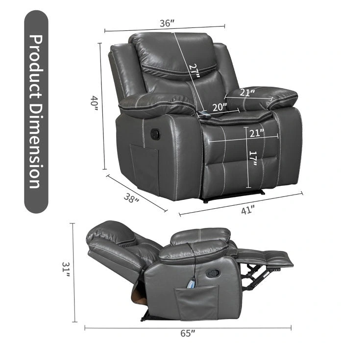Wide Seat Durable Leather Massage and Heat Recliner