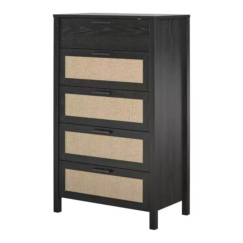 Brown Woodgrain Boho 5-Drawer Dresser with Rattan Inserts (2-Person Assembly)