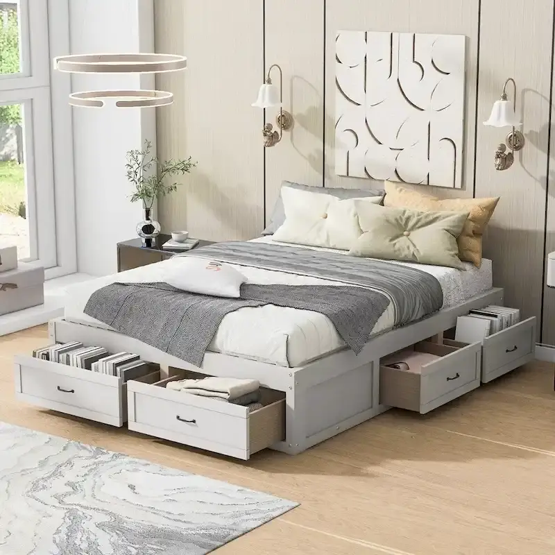 Queen Size Platform Bed with 6 Storage Drawers, Grey / Antique White / Antique Natural, for 2 People