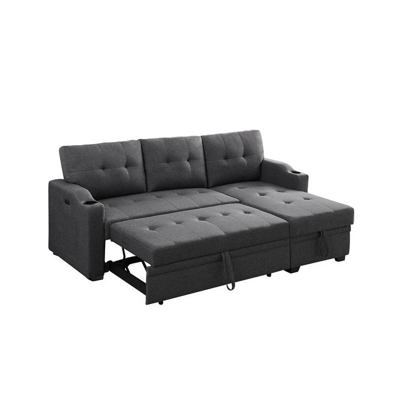 Mabel 83-inch Dark Gray Sleeper Sectional Sofa with Cup Holder, USB Charging Port, and Pocket - 83  W x 54  D x 35  H