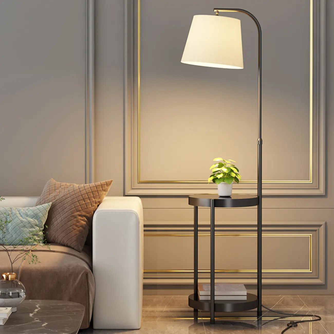 Arc Floor Lamp with Shelves and Fabric Shade for Living Room