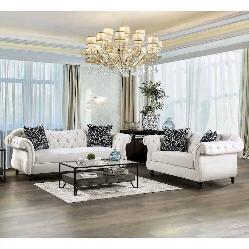 Addae Glam White Fabric Tufted 2-Piece Sofa Set by Furniture of America