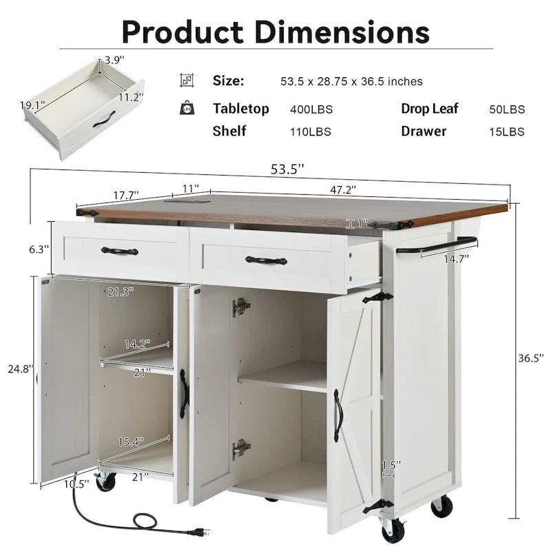 53.5 in. W Farmhouse Rolling Kitchen Island Cart with Drop Leaf and Power Outlet