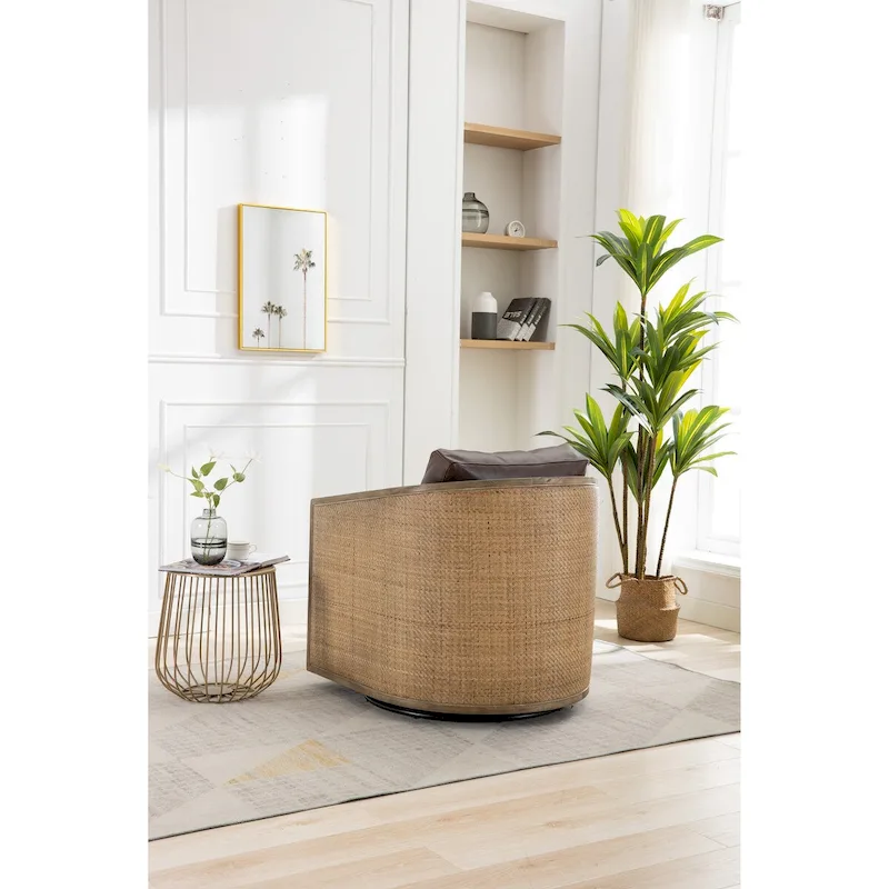 Swivel Barrel Chair, Comfy Round Accent Chair, 360 Degree Swivel Barrel Club Chair, Leisure Arm Chair with Rattan Woven Frame