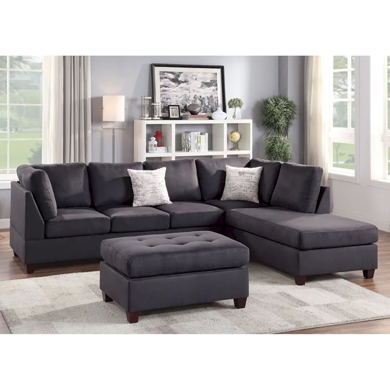 Poundex 3 Piece Fabric Sectional Sofa Set with Ottoman