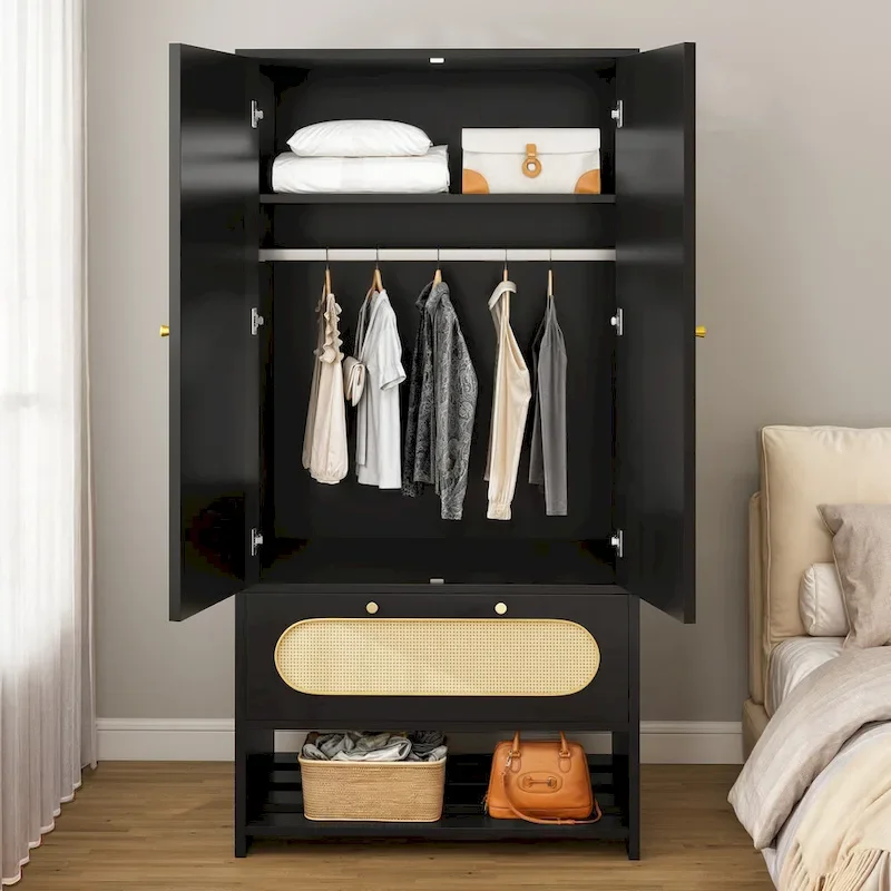 Moasis 70   Rattan Armoire Bedroom Wardrobe with Drawer & Hanging Rod