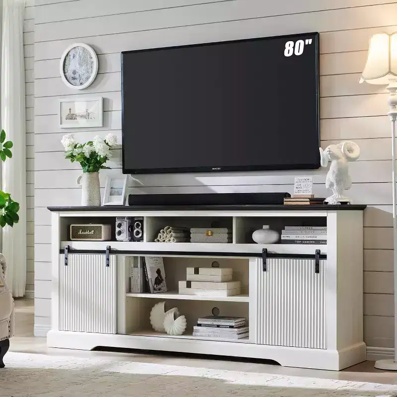 70 TV Stand for 80 Inch TVs with Sliding Door & Adjustable Shelf for Living Room