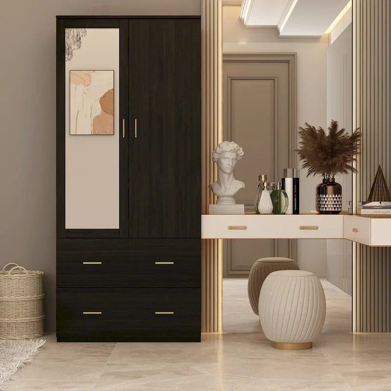 Armoire Wardrobe with Mirror, Drawers, and Hanging Rod