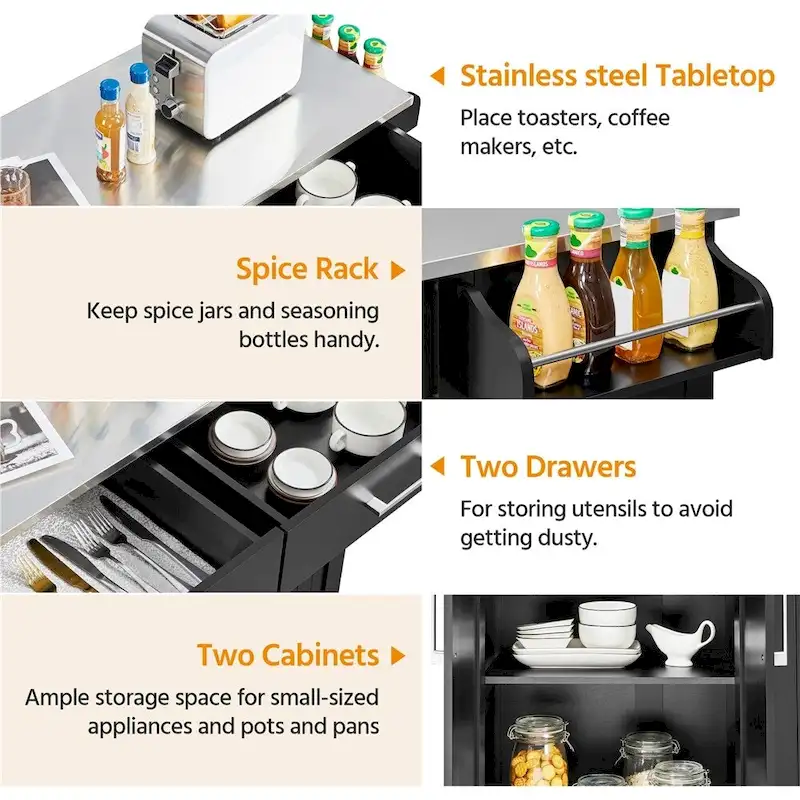 Large Kitchen Island Cart with Stainless steel tabletop