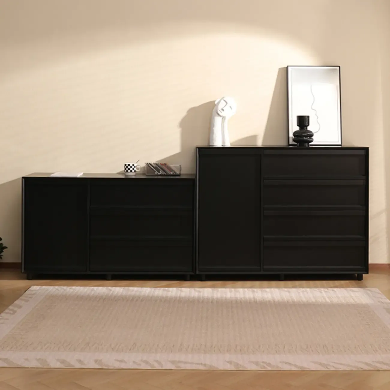 Industrial Wood Dresser with Drawers and Smooth Metal Rail