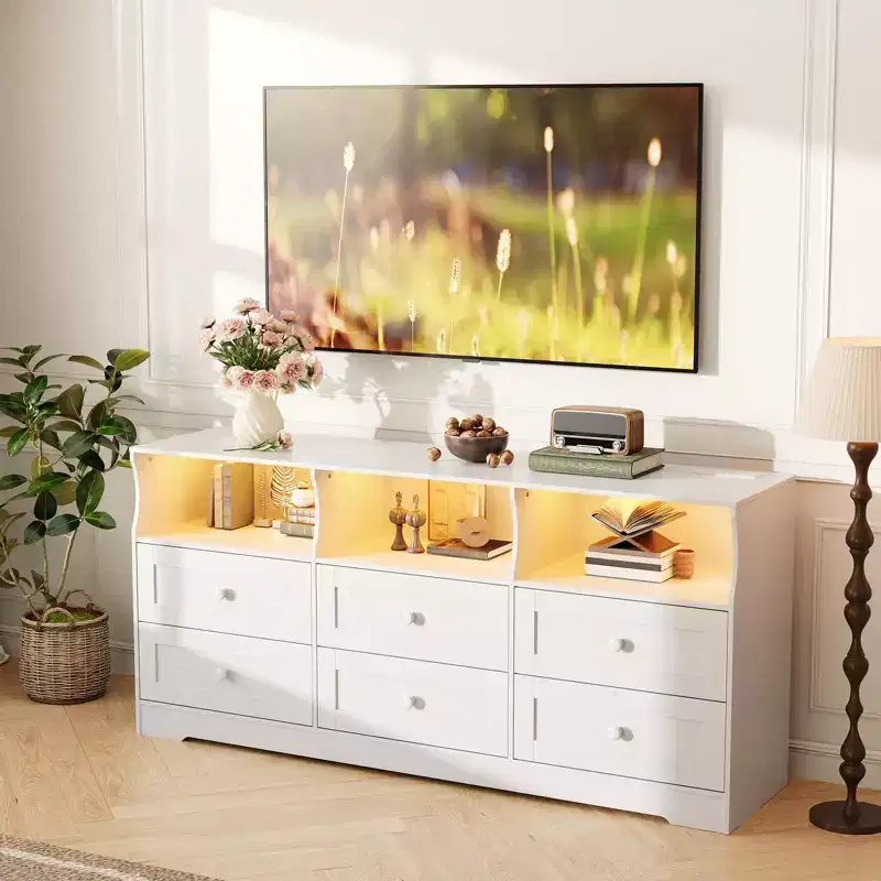 6-Drawer Dresser with RGB Lights & Power Outlet, Black / Gray / White