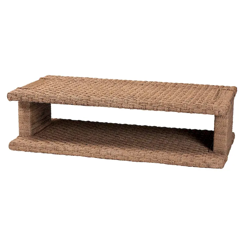 Hand-Woven Seagrass Coffee Table (with Open Storage Shelf) — Rectangular Rattan Center Table for the Living Room, Coastal Bohemian Style