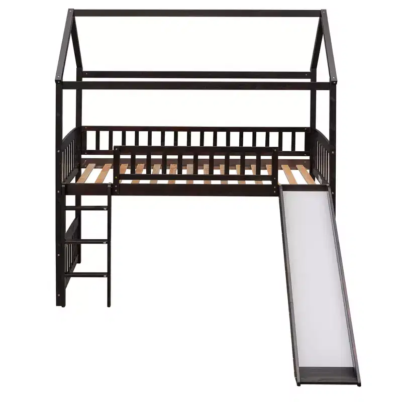 Twin House Loft Bed with Slide, Wood Playhouse Loft Bed Frame with Ladder and Roof