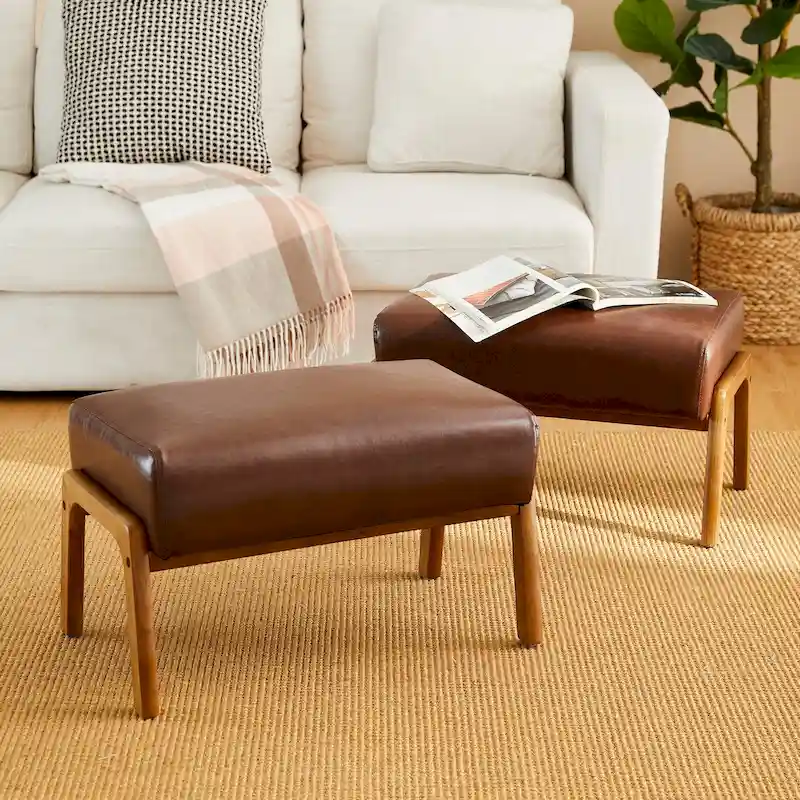 Glitzhome Set of 2 Mid-century Leatherette Ottoman Accent Stools
