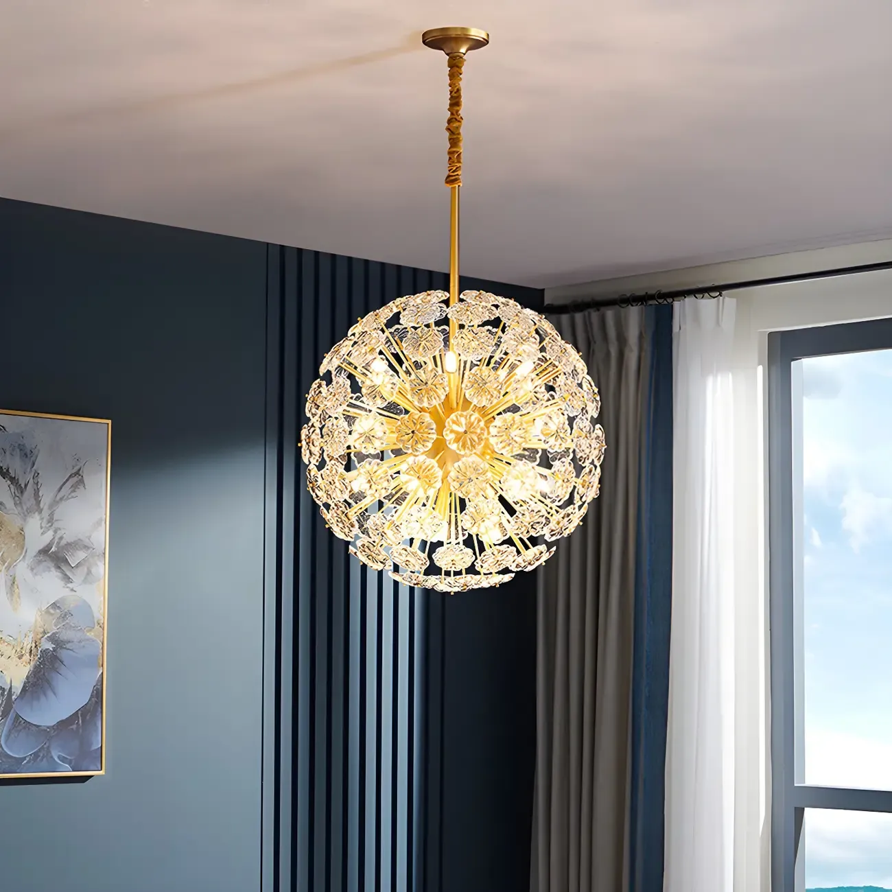Modern Gold Spherical Glass Floral Sputnik Chandelier
