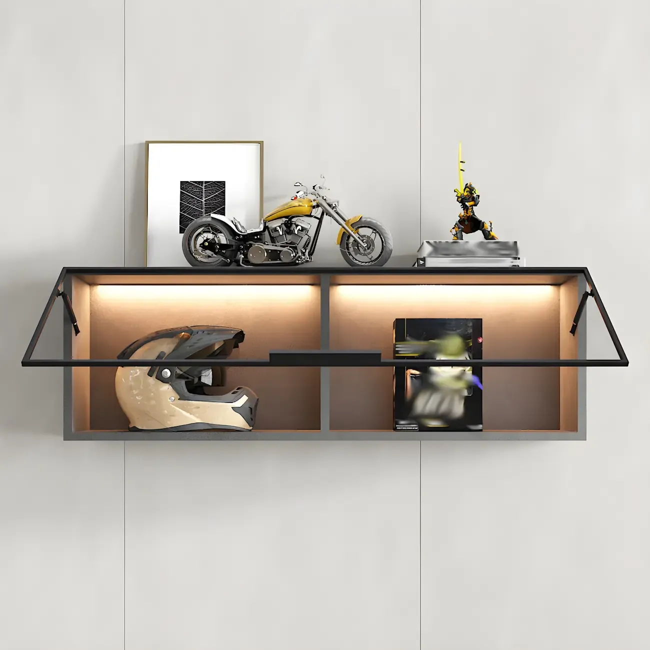 Black Wall Mount Wood 2-Cube Display Cabinet with Light