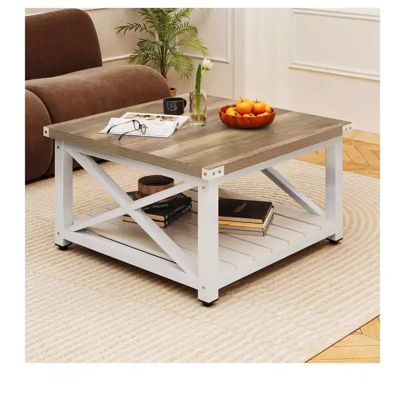 Coffee Table For Living Room,Square Wood Farmhouse Coffee Table With Storage,Rustic Coffee Table,Vintage Center Table For Living Room With Shelf