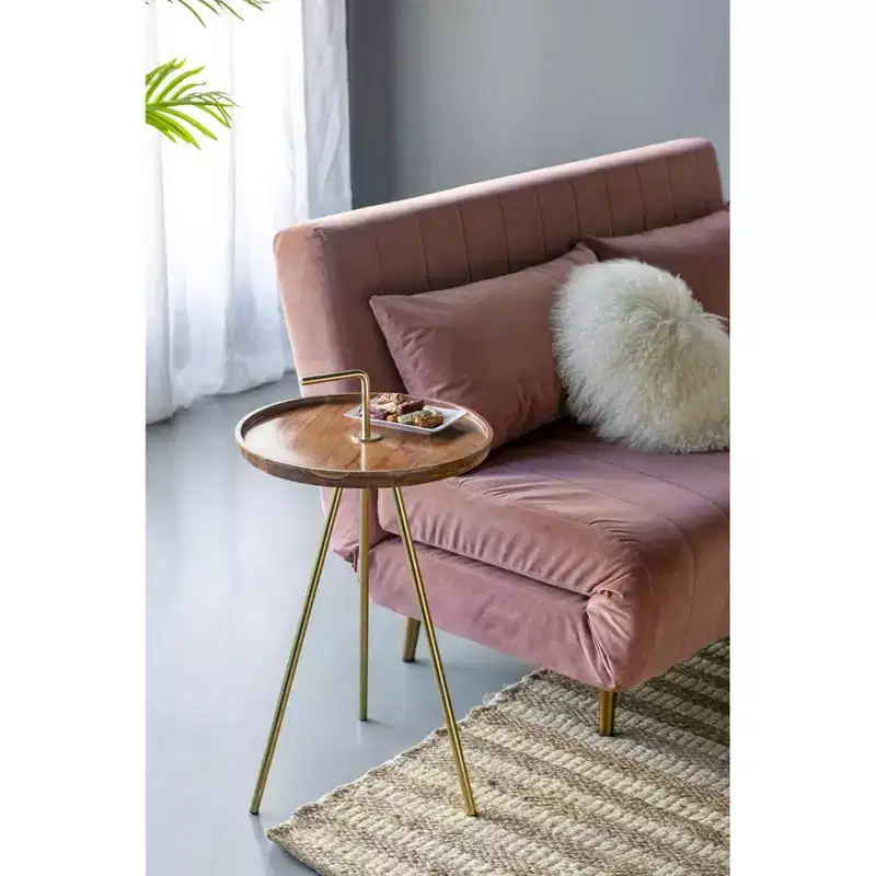 Acacia Wood Side Table with Tripod Steel Legs Brown Gold 16x23.5