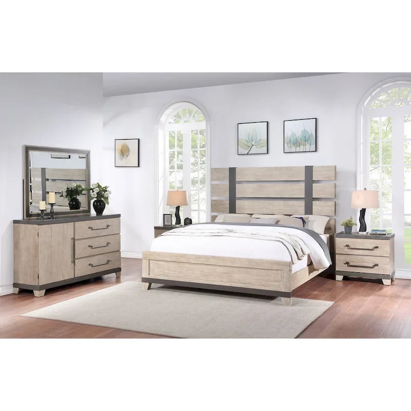 Arbela Wood Slatted Panel Bed with Dresser, Mirror, and Two Nightstands, Weathered Oak Finish