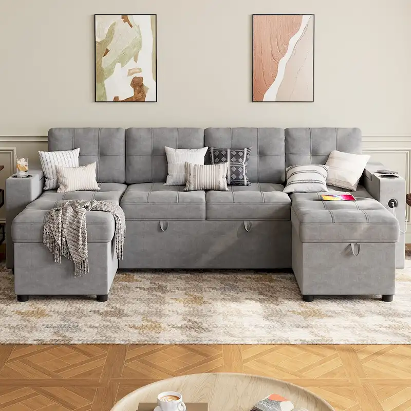 U-Shaped Sectional Sofa with Double Chaise,2 in 1 Pull Out Couch Bed,U-Shaped Sofa Couch Bed,Sleeper Sofa with Pull Out Bed