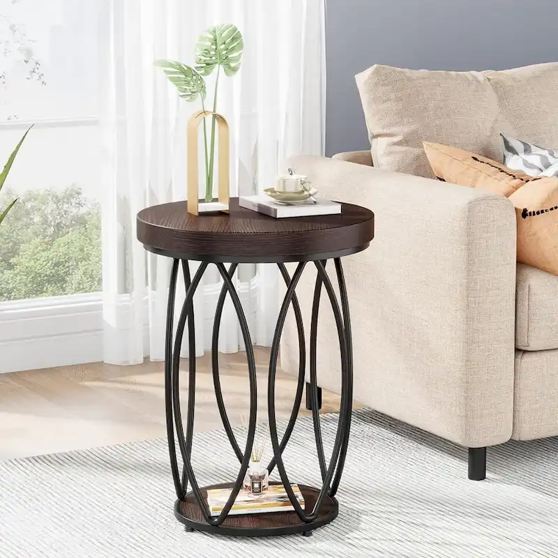 Industrial Round Side Table, Small End Table with Metal Frame