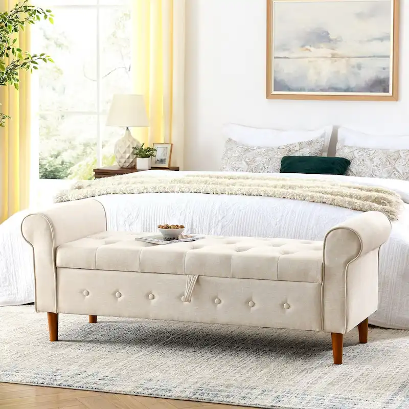 62  Bedroom Tufted Button Storage Bench, Window Bench, Rolled Arm Design for Bedroom, Living Room